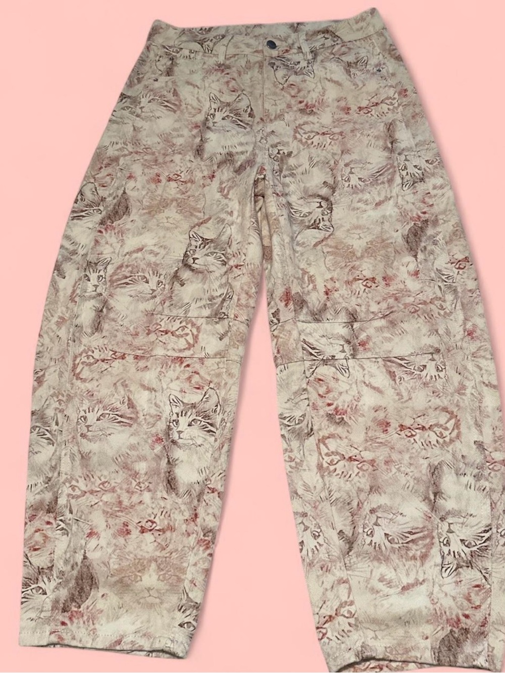 Amazon Wide Leg Pants in Cream and Pink Cat Print